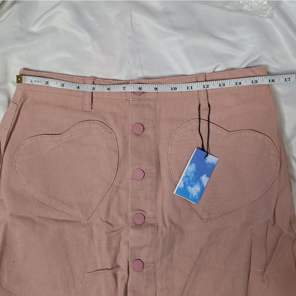 New Cider Pink Heart Pocket Front Button Denim Mini Skirt M — image 7 of 8